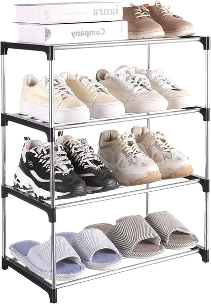 Small Shoe Rack, Narrow Stackable Shoe Shelf Organizer for Entryway, Doorway and Bedroom Closet (4-Tier, Black)