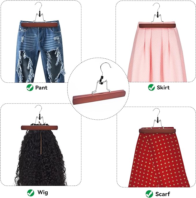 Nature Smile Wooden Non-Slip Pants Skirt Hangers - Smooth Finish Solid Wood Jeans Slack Clamp for Hair Extensions (20 Pack Cherry)
