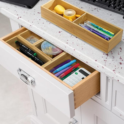 ZAVOOS 5 Pieces Bamboo Drawer Organizer, Multi-Use Individual Junk Tea Storage Drawer Tray Set with Removable Dividers, Adjustable Cutlery Utensils Holder Bin for Kitchen, Office, Bathroom