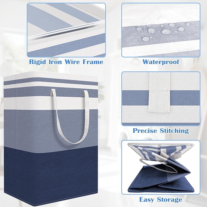 BlissTotes 3-Pack Laundry Basket, Freestanding＆Waterproof Laundry Hamper, Collapsible Tall Clothes Hamper with Easy Carry Handles for Clothes, Towels in the Family and Dorm,Gradient Blue,125L