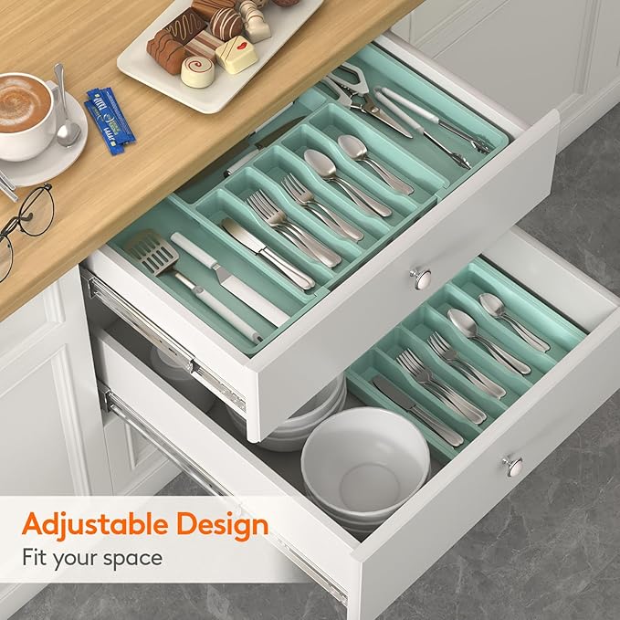 Lifewit Silverware Drawer Organizer, Expandable Utensil Tray for Kitchen, BPA Free Flatware and Cutlery Holder, Adjustable Plastic Storage for Spoons Forks Knives, 13-22 x 15", Turquoise