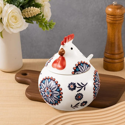 LemonRoad 2 Pcs Ceramic Salt Cellar with Lid and Spoon, 13oz Large Chicken Rooster Cookie Jar Salt Containers Holder for Countertop Spices, Ideal for Adding Charm to Kitchen Christmas Decor(Blue)