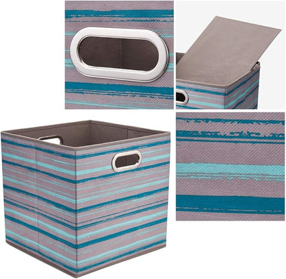 13 inch Collapsible Storage Cubes Bins Teal Stripes Fabric Storage Boxes Foldable Cube Inserts Storage Grey Printed Folding Cloth Storage Baskets Drawer Organizer ,QY-SC05-6