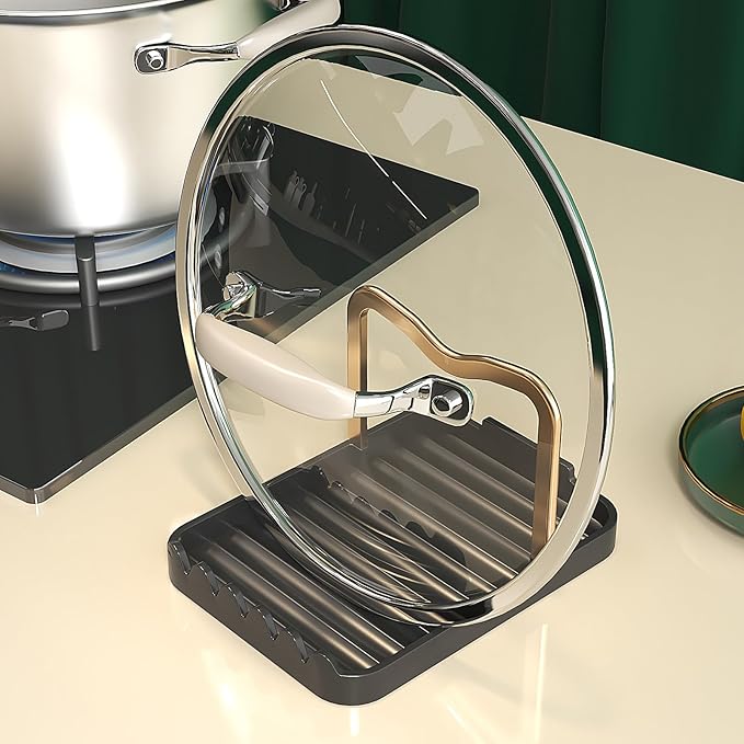 Stainless Steel Pot Lid Holder - Kitchen Organizer & Utensil Storage Rack with Detachable Drain Tray, Non-Slip Anti-Rust Countertop Space Saver for Spoons, Spatulas, Ladles, Tongs, Black Gold