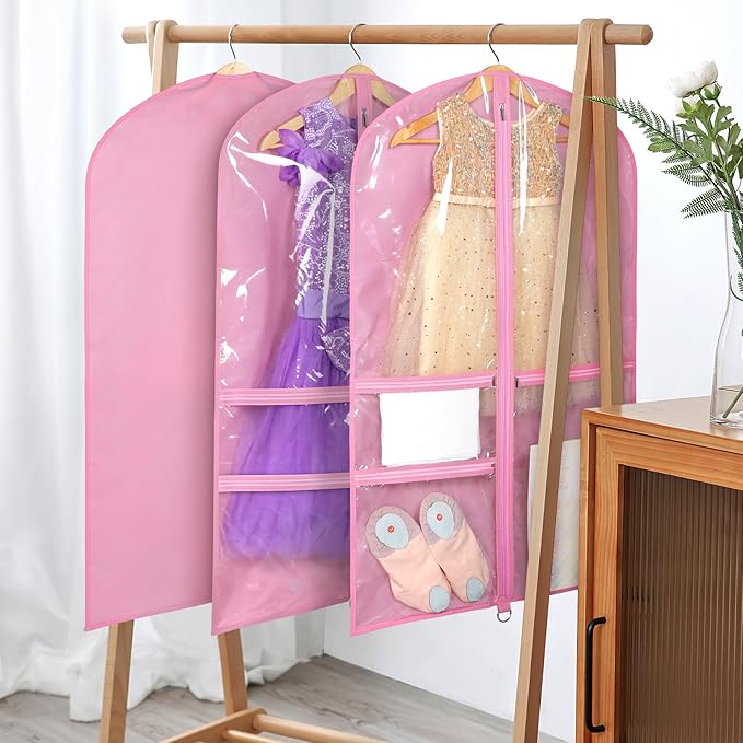 Univivi Dance Costume Bags Garment Bag 40 Inch Hanging Clothes for Dance Competitions, with 3 Medium Clear Zipper Pockets for Dance Costumes, Closet Storage (Pink) - 4 Pack