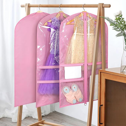 Univivi Dance Costume Bags Garment Bag 40 Inch Hanging Clothes for Dance Competitions, with 3 Medium Clear Zipper Pockets for Dance Costumes, Closet Storage (Pink) - 4 Pack