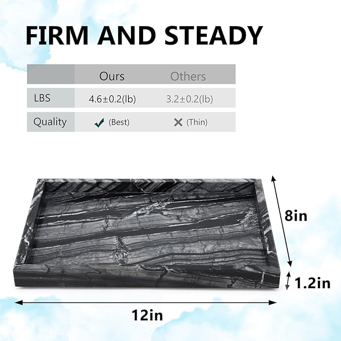 Real Natural Marble Tray for Bathroom, Vanity, Kitchen and Desktop, Rectangle Genuine Marble Stone Tray for Jewelry, Cosmetics, Candles, Lotion, Perfume (Wood Grain, 12" x 8" x 1.2")
