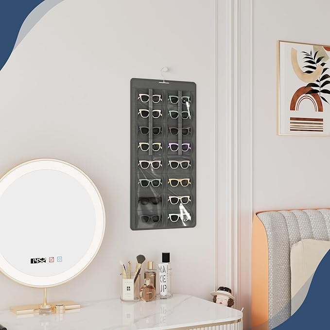 Hanging Sunglasses Organizer and Storage, Dual-Sided Sunglasses Case and Jewelry Holder, Wall-Mounted, 32 Clear Slots, Dust-Proof, Roof Design for Travel, Dark Gray