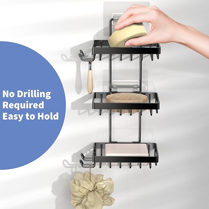 Moforoco 3-Tier Black Soap Bar Holder for Shower, No Drilling, 304 Stainless Steel, Wall Mounted Soap Holder with 4 Hooks and Razor Holder, Shower Rack Soap Tray Bar Soap for Bathroom Accessories