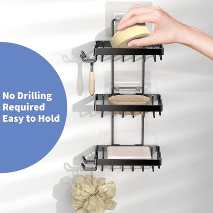 Moforoco 3-Tier Black Soap Bar Holder for Shower, No Drilling, 304 Stainless Steel, Wall Mounted Soap Holder with 4 Hooks and Razor Holder, Shower Rack Soap Tray Bar Soap for Bathroom Accessories