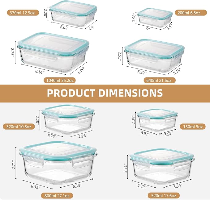 YUNCANG 8 Pack Glass Food Storage Containers with Lids, 5oz to 35oz Meal Prep Containers, Airtight Bento Boxes with Leak Proof Locking for Microwave, Oven, Freezer and Dishwasher, BPA Free