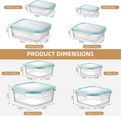 YUNCANG 8 Pack Glass Food Storage Containers with Lids, 5oz to 35oz Meal Prep Containers, Airtight Bento Boxes with Leak Proof Locking for Microwave, Oven, Freezer and Dishwasher, BPA Free