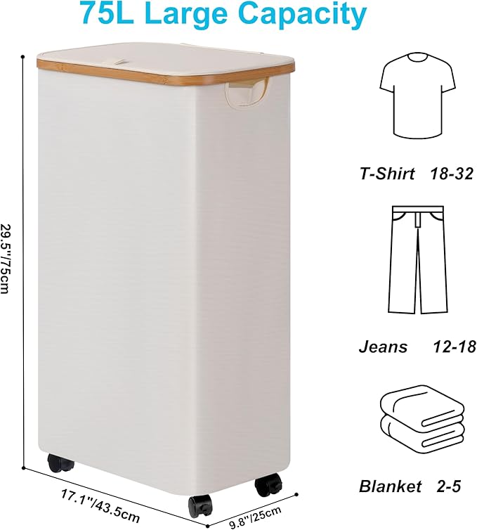 efluky Slim Laundry Hamper with Wheels, Narrow Laundry Basket with Lid and Removable Bag, Aesthetic Dirty Clothes Hamper on Wheels for Laundry Room, Bedroom, Dorm and Bathroom, 75L Beige
