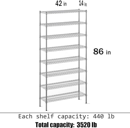 14" Deep x 42" Wide x 86" Height Wire Shelving Kit | 8-Tier | NSF Commercial Storage Rack Unit
