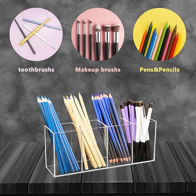 QPEY Large Acrylic Pen Holder 4 Compartments,Clear Pen Holder Organizer Makeup Brush Holder for Office Desk Accessories,Cosmetic Brush Storage Box,Dorm,Bathroom,Kitchen (Clear)