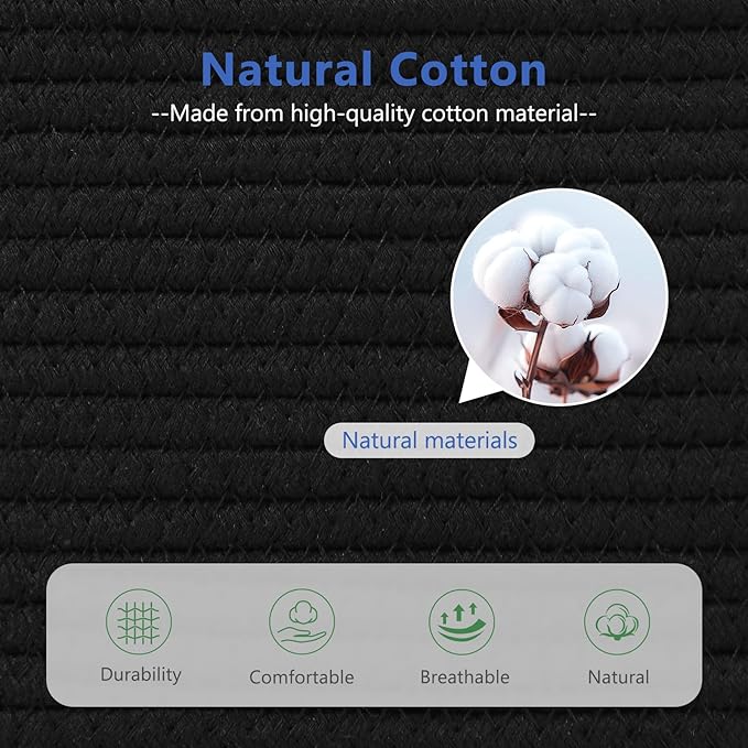 ECDYQXVU Cotton Rope Storage Basket, 15x10x9 Inches, Woven Basket for Shelves, Clothes, Towels, Books, and Laundry, Black (1 Pack)
