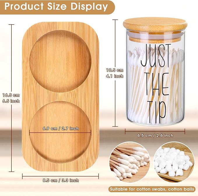 Funny Qtip Holder Dispenser 2 Pack Glass Apothecary Jars Canisters with Tray, Cotton Ball Qtip Holder Bathroom Set with Bamboo Lids for Cotton Swab Farmhouse Bathroom Storage Organization