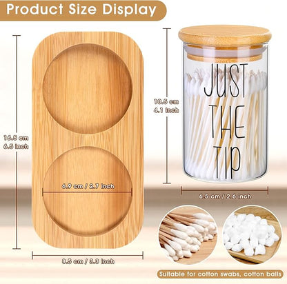Funny Qtip Holder Dispenser 2 Pack Glass Apothecary Jars Canisters with Tray, Cotton Ball Qtip Holder Bathroom Set with Bamboo Lids for Cotton Swab Farmhouse Bathroom Storage Organization