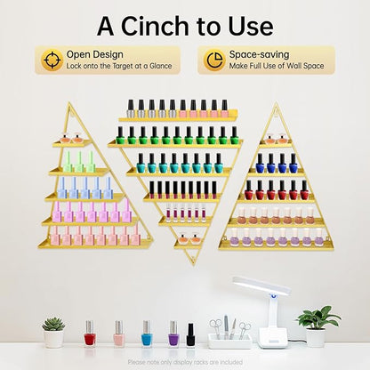 Elegant Gold Wall Mounted Nail Polish Rack - Set of 6 Triangular Cosmetic Display Shelves for Essential Oil Bottles, Organize Your Lipsticks and Perfumes in Style at Home or Salon (Gold)