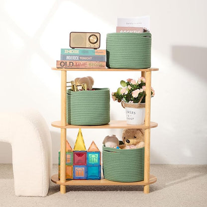 MiniArk Small Basket for Organizing | Cube Shelf Closet Storage Baskets | 9.7×9.7×7.1” | Woven Rope Gift Basket | Nursery | Round 3 Packs Green
