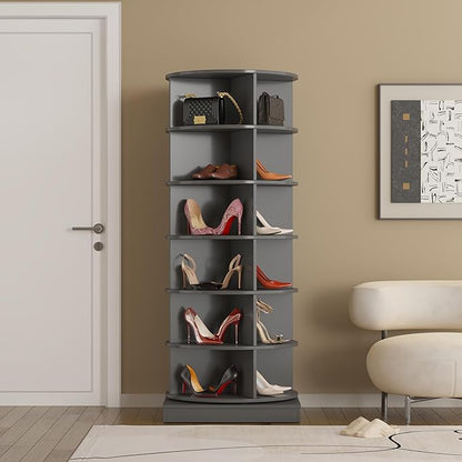 HomVent Rotating Shoe Rack, Wooden 6-Tier Spinning Shoe Rack Tower, Free Standing 360° Revolving Shoe Organizer Shoe Storage Shelf Can Hold Over 24 Pairs Shoes for Entryway Living Room (6-Tier, Gray)