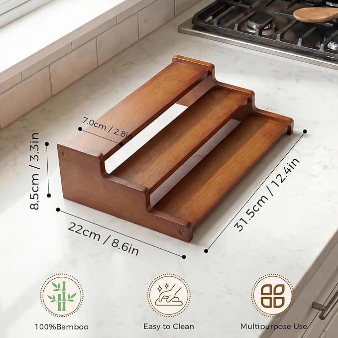 Spice Rack Organizer for Cabinet,Bamboo 12in Tiered Spice Rack，Used for Kitchen Countertops and Food Storage Room Organizer，Specially Designed for Jars and Spice Bottles (Walnut, M)