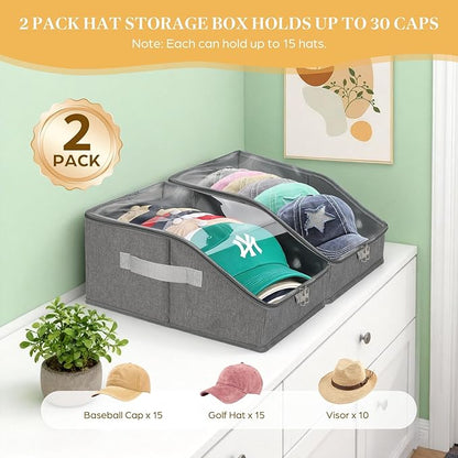 2 PCS Stackable Hat Organizer for Baseball Caps, Hat Storage Holder Holds up to 24 Caps for Closet/Shelf, Hat Box Holder with Clear Window Lid And Sturdy Cardboard, for Closet Bedroom Shelf (Grey)