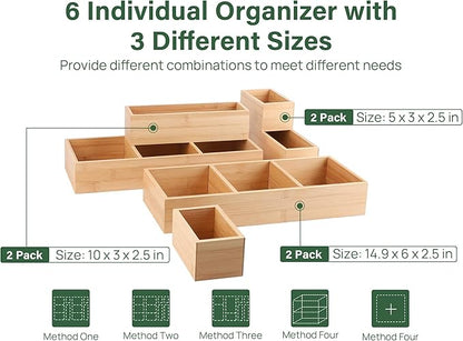 Kootek 6 Pcs Bamboo Drawer Organizer Utensil Tray Kitchen Storage Box 3-Size Versatile Dividers Cutlery Holders Bins Containers for Flatware Kitchen Utensils