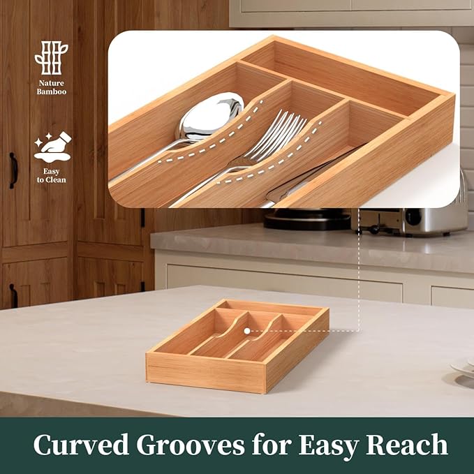Small Silverware Organizer, Bamboo Kitchen Drawer Organizer, Utensil Holder, Cutlery Tray & Spoon Flatware Storage with Grooved Drawer Dividers (6.7''W x 12''D)