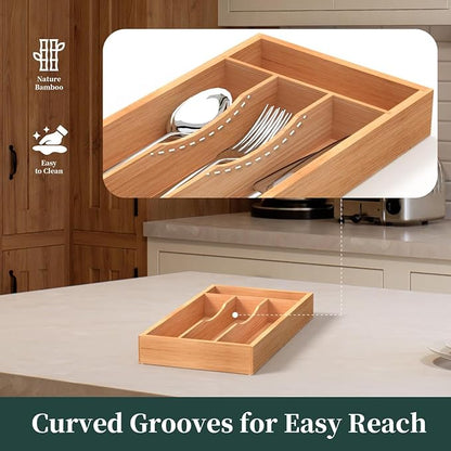 Small Silverware Organizer, Bamboo Kitchen Drawer Organizer, Utensil Holder, Cutlery Tray & Spoon Flatware Storage with Grooved Drawer Dividers (6.7''W x 12''D)