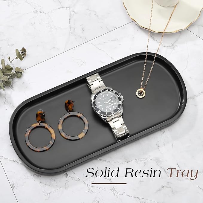 Emibele Black Vanity Tray, 10" Resin Oval Storage Tray for Bathroom Countertop Kitchen Sink Dresser Toilet Tank, Tray Organizer for Jewelry Ring Cosmetic Perfume Candle Soap Shampoo, Matte Black