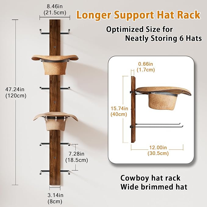 REFGY Cowboy Hat Rack for Wall, 6-Tier Solid Wood-Texture Western Hat Holder, Large Brim Hat Organizer for Wall Mount, Rustic Hat Hanger for Home Decor & Storage, Brown