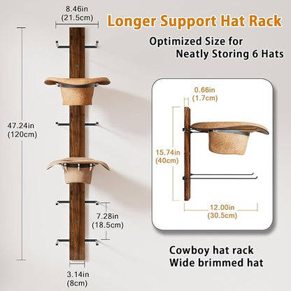 REFGY Cowboy Hat Rack for Wall, 6-Tier Solid Wood-Texture Western Hat Holder, Large Brim Hat Organizer for Wall Mount, Rustic Hat Hanger for Home Decor & Storage, Brown
