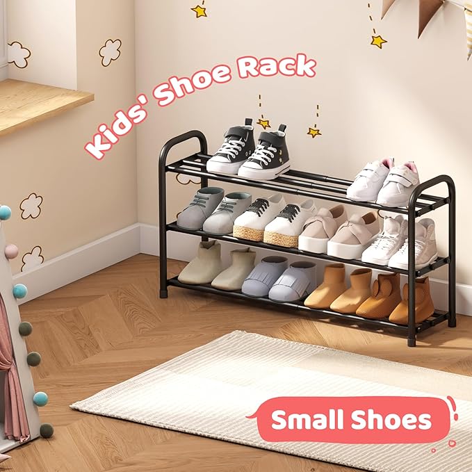 kiplant Shoe Rack for Closet, 3-Tier Expandable Closet Shoe Rack Metal Organizer, Heavy Duty Black Shoe Storage Shelf for Entryway, Doorway, Narrow Space
