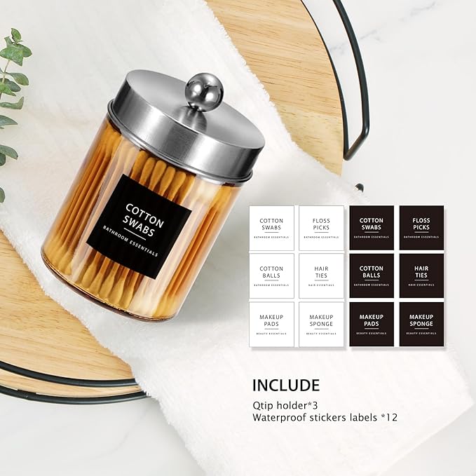 3 Pack Apothecary Jar Canisters Bathroom Vanity Organizer - Qtip Holder Storage Organizer Set Countertop Canister with Stainless Steel Lids &Cute Stickers for Qtips,Cotton Swabs,Makeup Sponges,Floss