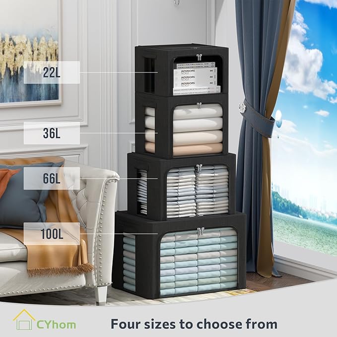 CYhom Clothes Storage Bins Box - Linen Fabric Foldable Stackable Container Organizer Set with Clear Window & Carry Handles & Metal Frame (Black, Medium-36L)