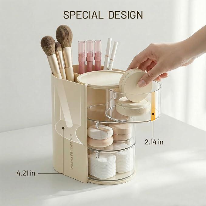 Hair Accessories Organizer with Makeup Brush holder, Bathroom Organizer and Storage, Qtip Holder Dispenser for Necklaces, Earring, Bracelet, Ring, Hair Clip, Cotton Swabs, Rotatable, 3-Layer (Cream)