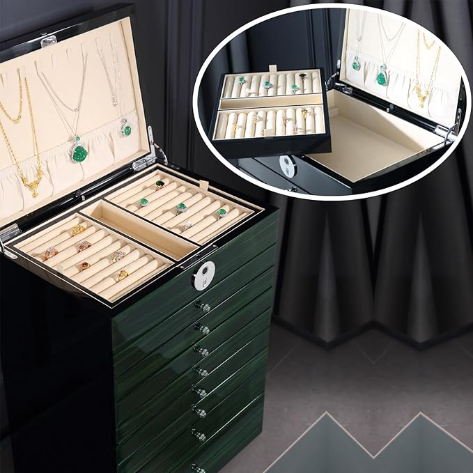 Wooden Jewelry Box Fingerprint Lockable 9-Layers Extra Large Capacity Jewelry Cabinet for Necklace/Rings/Pendants/Bracelets/Watches/Sunglasses Storage&Organizer Women Gifts (Greenwood)