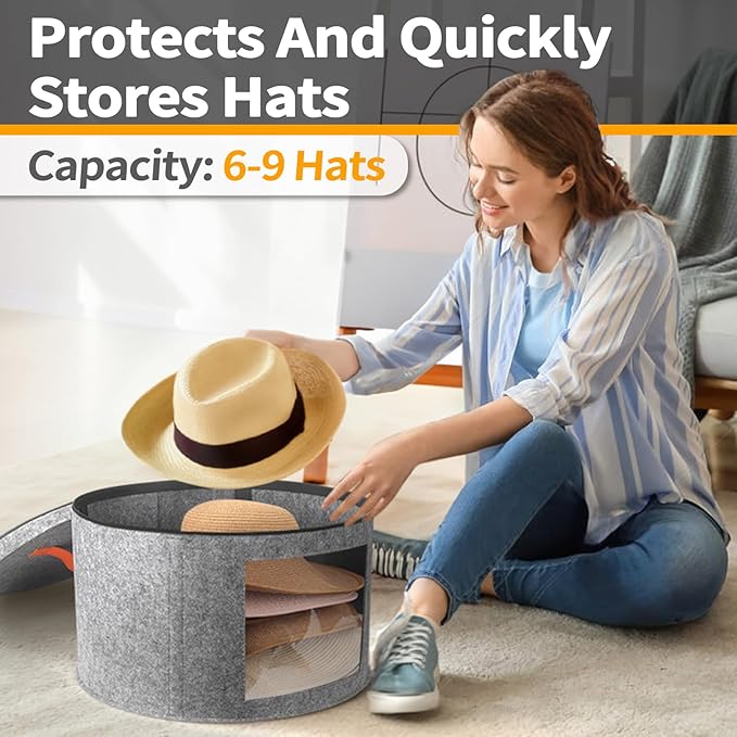 kushon Round Cowboy Hat Box for 6-9 Caps, Large Felt Hat Organizer Bag for Men & Women Storage, With Support, Foldable 16.5" D x 11" H Carrier