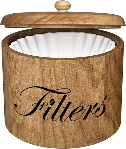 Coffee Filter Holder, Wooden Coffee Filter Storage with Lid, RoundCoffeeFilterContainer for Counter, Rustic Bar Accessories Holder Decor (Natural)