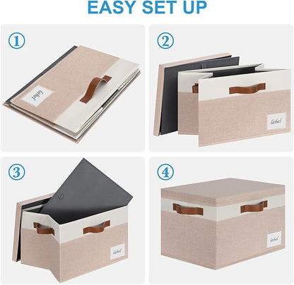 Extra Large Storage Bins with Lids, Foldable Fabric Storage Baskets with Lids, Sturdy Storage Boxes with Labels and 3 PU Handles for Closet Home Bedroom Office (32L, 3 Packs, Pink&White)