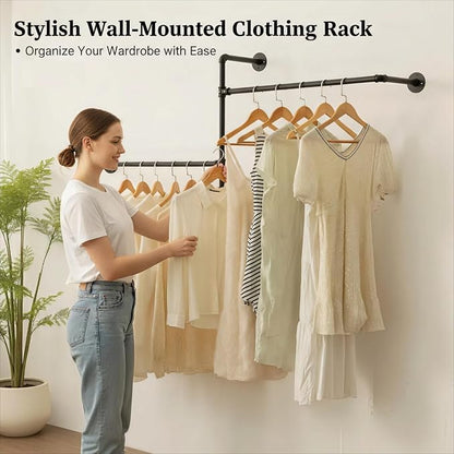 Industrial Pipe Clothing Rack Wall Garment Rack with Pipe Clothes Rails, Multi-Purpose Heavy Duty Clothing Hanging Rods Space-Saving Clothes Bar Organizer Closet (wall clothing rack-2 hanging rods)