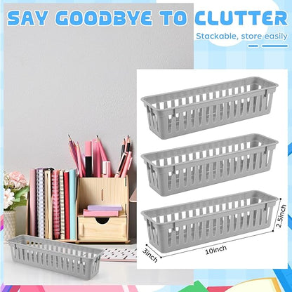 6 Pcs Gray Slim Plastic Storage Baskets Tray 10 x 3 x 2.5 Inch Compact Stackable Desk Organizer for Office, Classroom, School Supplies, and Home Storage, Organization(Gray)