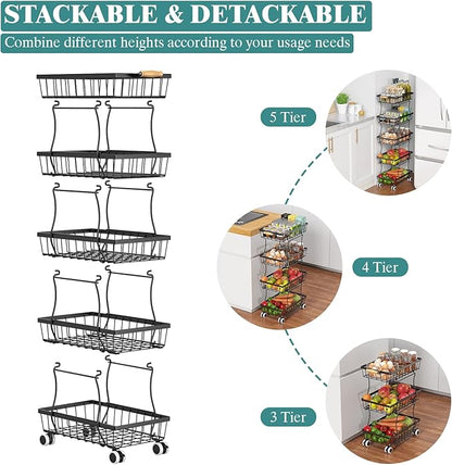 CHLORYARD 5 Tier Slim Fruit Basket for Kitchen, Stackable Wire Fruit Vegetable Storage Baskets Organizer Stand on Wheels, Metal Produce Basket Potato Onion Storage Bins Rack for Pantry, Black