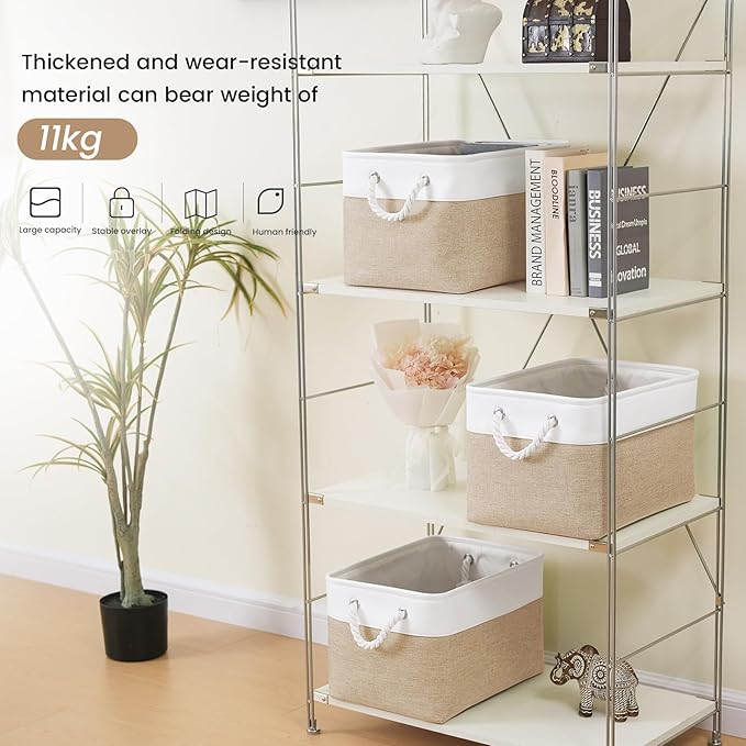 Large Storage Baskets- 15x11x10 inch Storage Bins for Shelves and Closet Organizing, Foldable Fabric Bin for Home Organization Clothes and Laundry (1-Pack, White&Khaki)