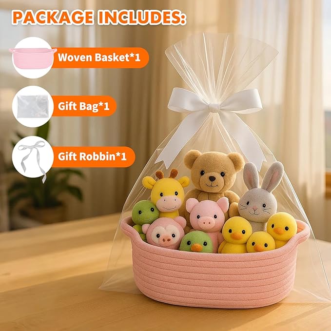 ShellKingdom Storage Basket with Handles, Empty Gift Basket for Christmas with Gift Bags and Ribbon, Small Woven Baskets for Home, Nursery Storage Organizer, 12 X 8 X 5 INCH Pink