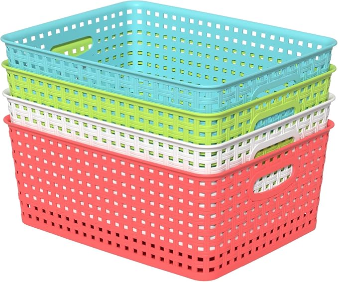 Plastic Storage Baskets, plastic weave basket, 4 Packs