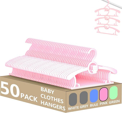 HGYZE Kid Hangers for Closet 50pcs, Pink Baby Clothes Hanger Plastic, 11-14" Adjustable Bulk Perchas for Newborn, Non-Slip Children Outfit Bear Hangar for Girl Boy Toddler Infant Nursery Clothing