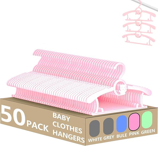 HGYZE Kid Hangers for Closet 50pcs, Pink Baby Clothes Hanger Plastic, 11-14" Adjustable Bulk Perchas for Newborn, Non-Slip Children Outfit Bear Hangar for Girl Boy Toddler Infant Nursery Clothing