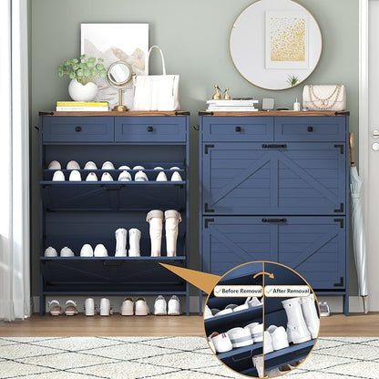 Shoe Storage Cabinet with Deodorizing Function, Farmhouse Narrow Hidden Shoe Rack Organizer Cabinet with 2 Flip Drawers & 2 Storage Drawers for Entryway, Hallway, Living Room, Blue